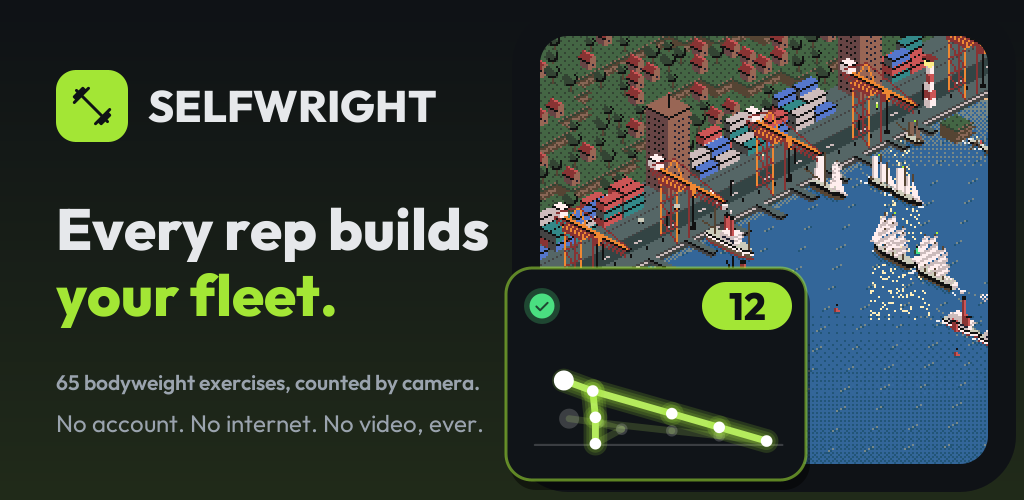 A glowing skeleton doing push-ups with a rep counter, over a pixel-art harbour with ships.